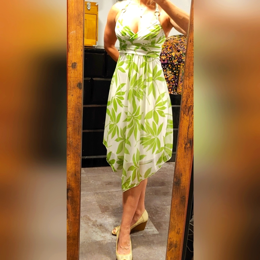 Green and white tropical halter top sundress